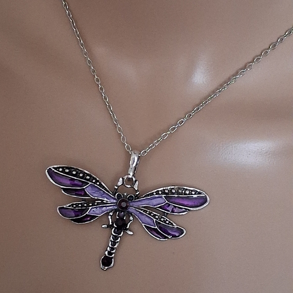 Jewelry - Silvertone and Purple Dragonfly Pendant Necklace